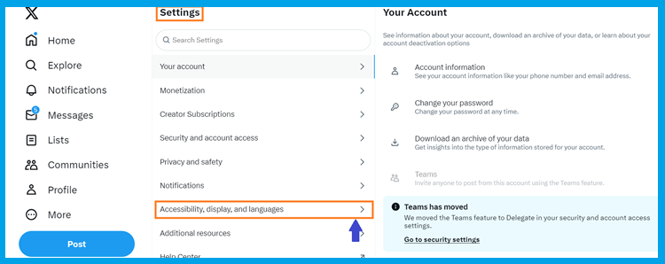 Twitterの英語画面で「Accessibility,display,and language」をクリック